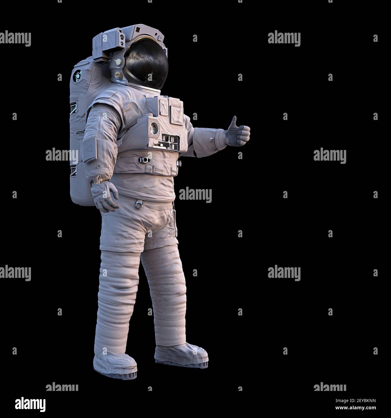astronaut showing thumbs up, standing spaceman isolated on black background Stock Photo