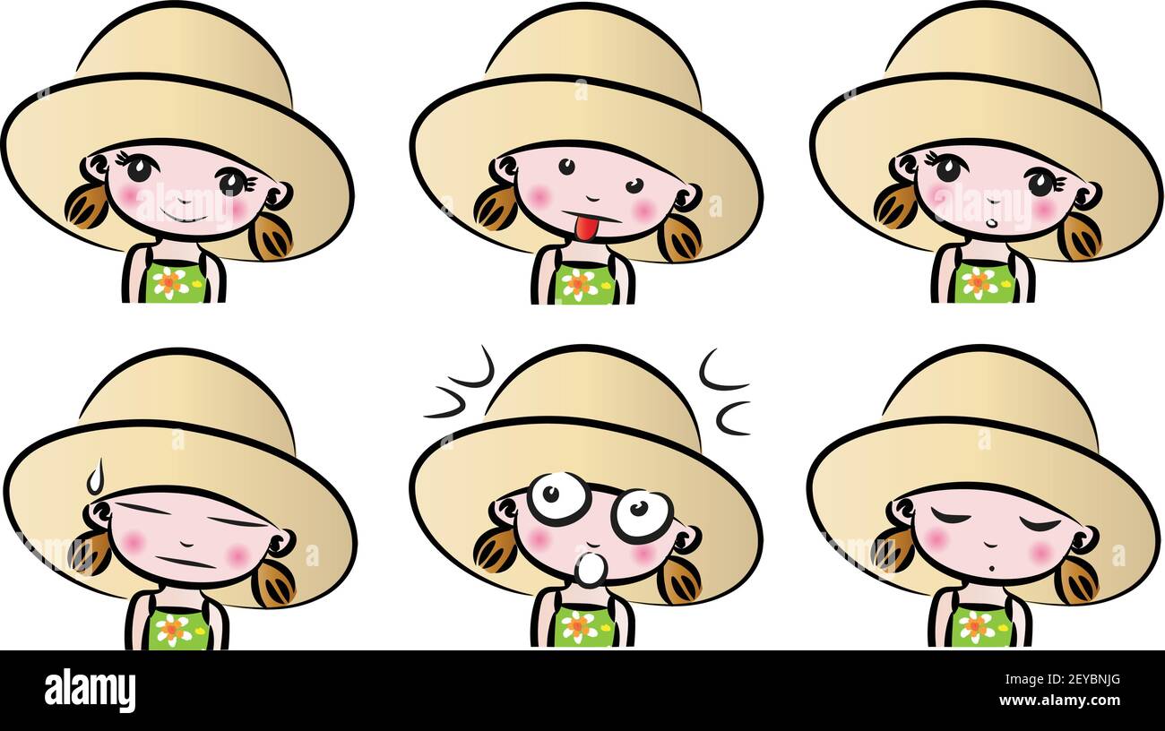 vector cartoon girl with hat emoji face sticker set Stock Vector Image ...