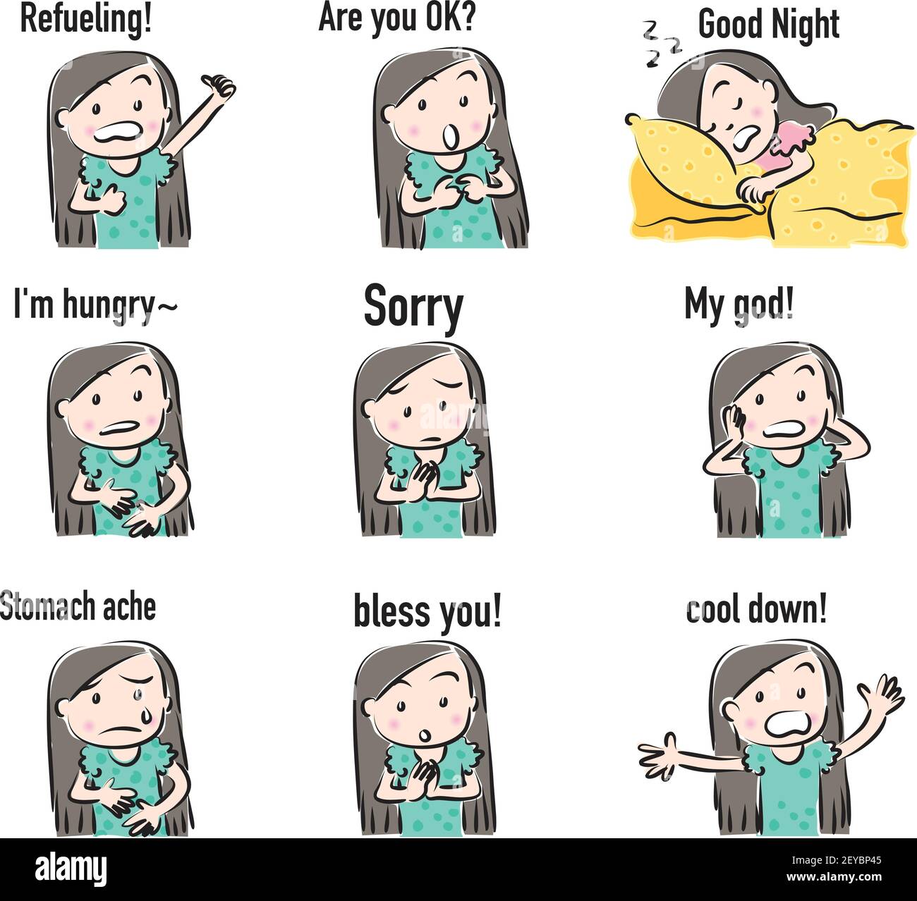 vector cartoon girl emoji face sticker set Stock Vector Image & Art - Alamy
