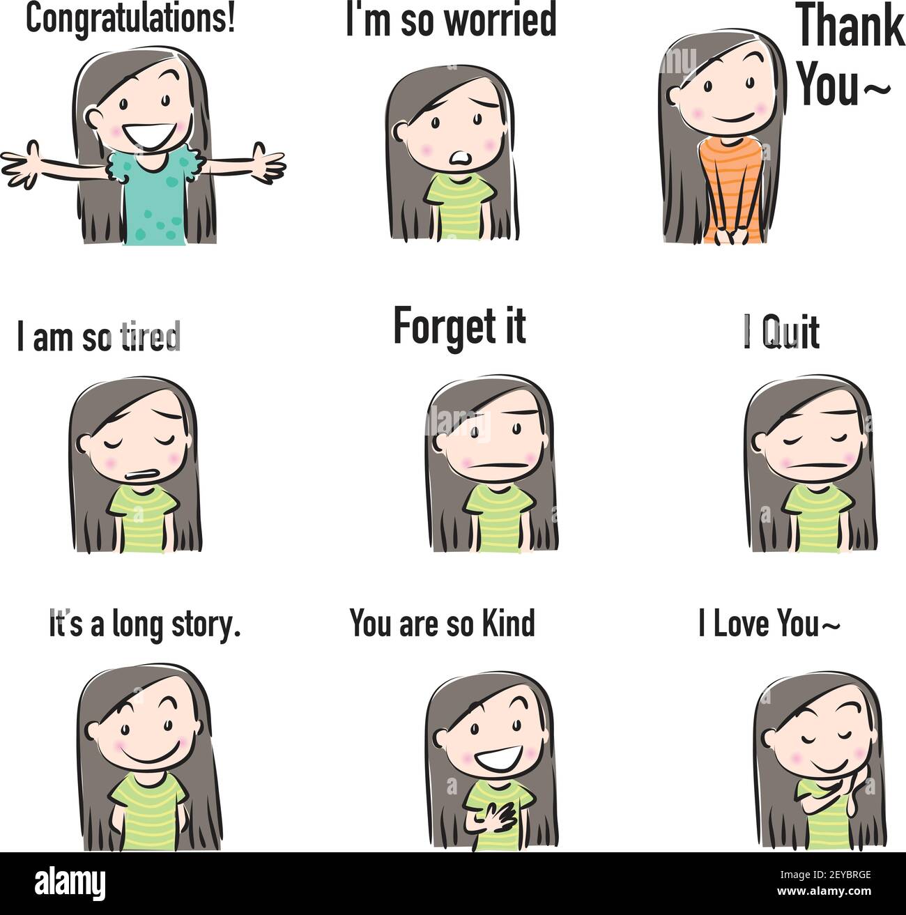 vector cartoon girl emoji face sticker set Stock Vector Image & Art - Alamy