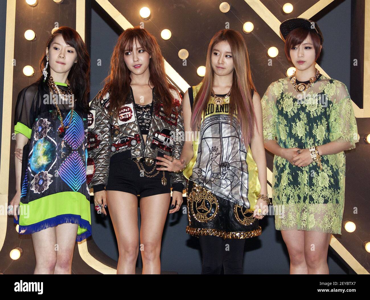 22 April 2013 - Goyang, South Korea : South Korean Areum, Hyo Min. Ji Yeon,  Eun Jung, members of girl group T-ara N4, attend a press conference for the  unit album music