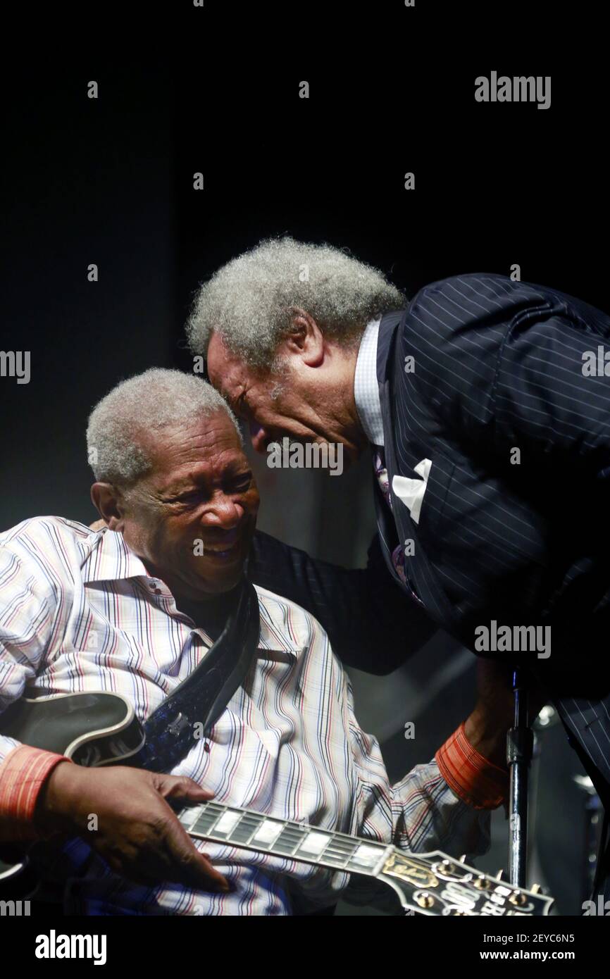 28 April 2013. New Orleans, Louisiana, USA. B.B. King (L) and Allen  Toussaint, legendary musicians on stage at the Blues Tent at the New  Orleans Jazz and Heritage Festival. (Photo by Charlie