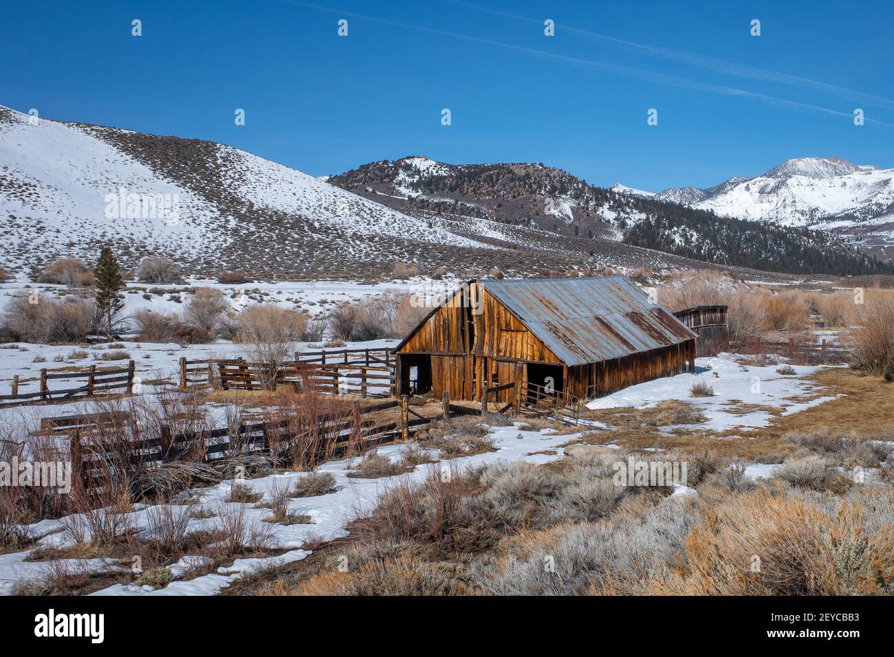 Rustic wooden barn in the Eastern Sierra Nevada mountains during winter. Stock Photo