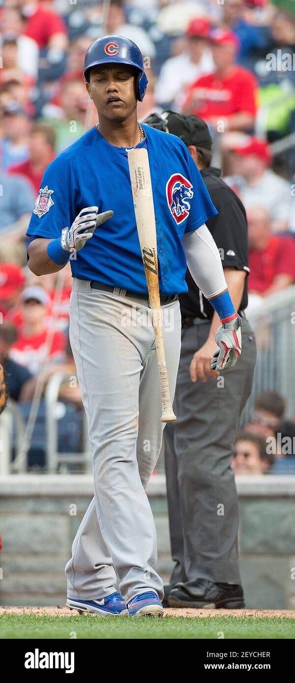 Chicago Cubs shortstop Starlin Castro (13) flips his bat after striking out  against Washington Nationals starting pitcher Stephen Strasburg (37) during  the fourth inning at Nationals Park in Washington, D.C, Saturday, May