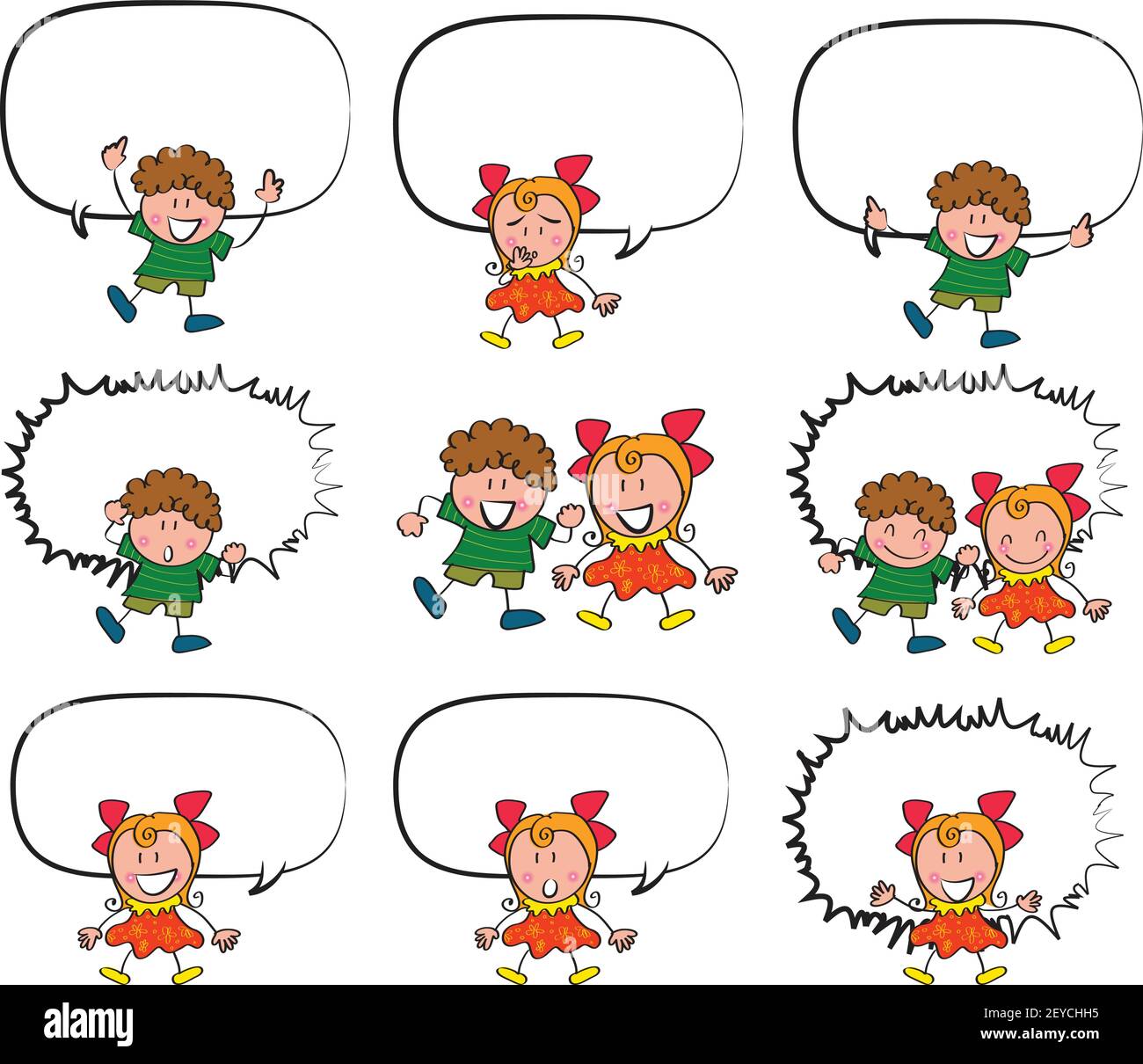 Vector cartoon boy and girl emoji and speech bubble background set ...