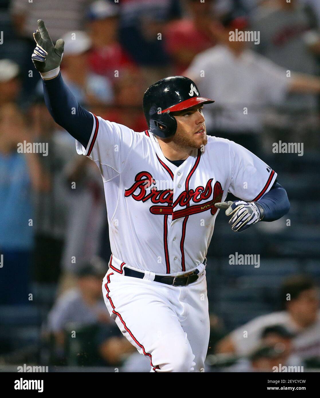 The Atlanta Braves' Freddie Freeman reacts to hitting a game-winning RBI  single in the 10th inning to beat the Minnesota Twins, 5-4, at Turner Field  in Atlanta, Georgia, Tuesday, May 21, 2013. (