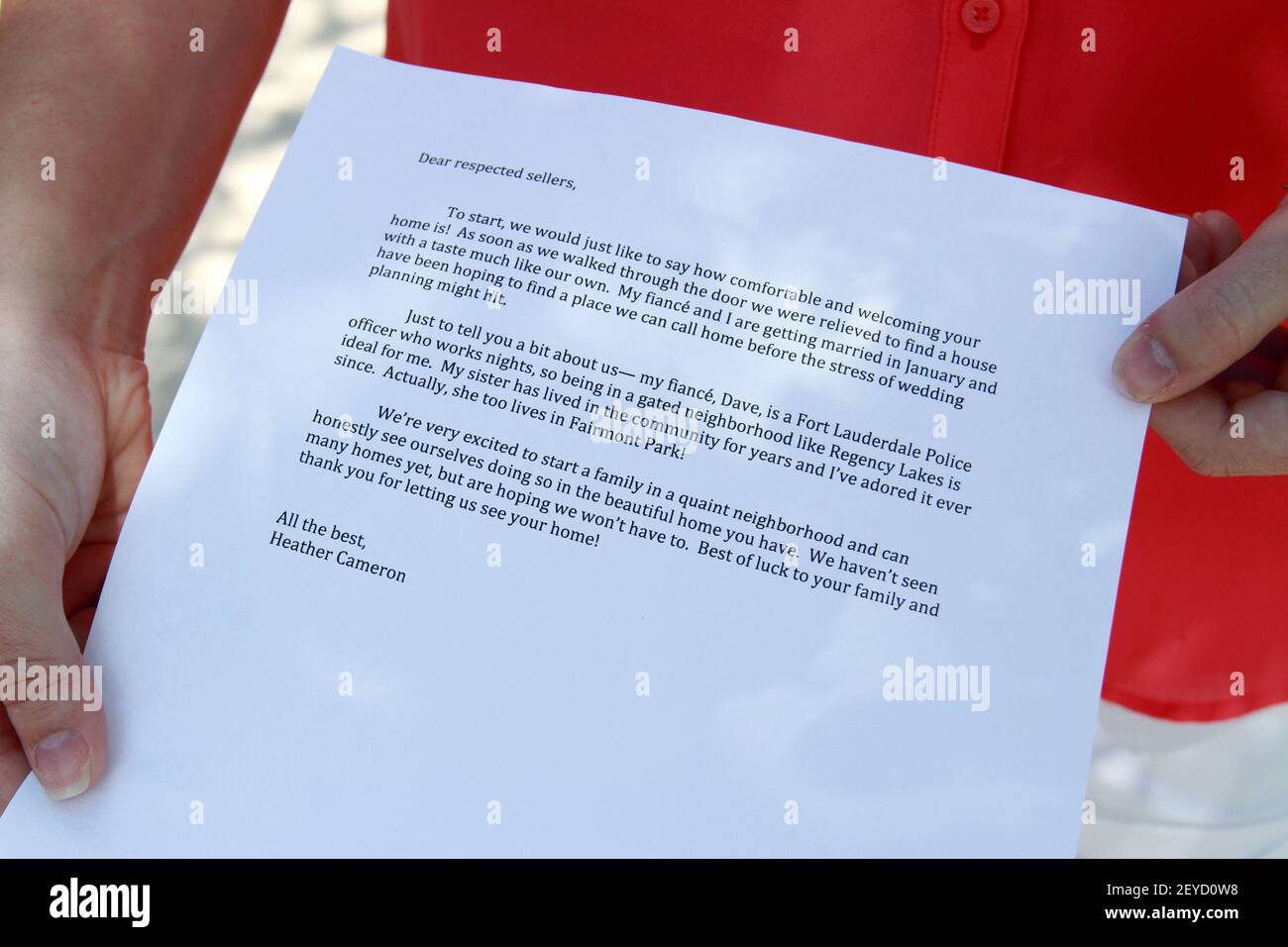 Home Buyer Heather Cameron Shows A Copy Of The Letter She Wrote To The Owners Explaining Why She And Her Fiance Wanted To Purchase The Coconut Creek Florida Home Photo By Amy Beth