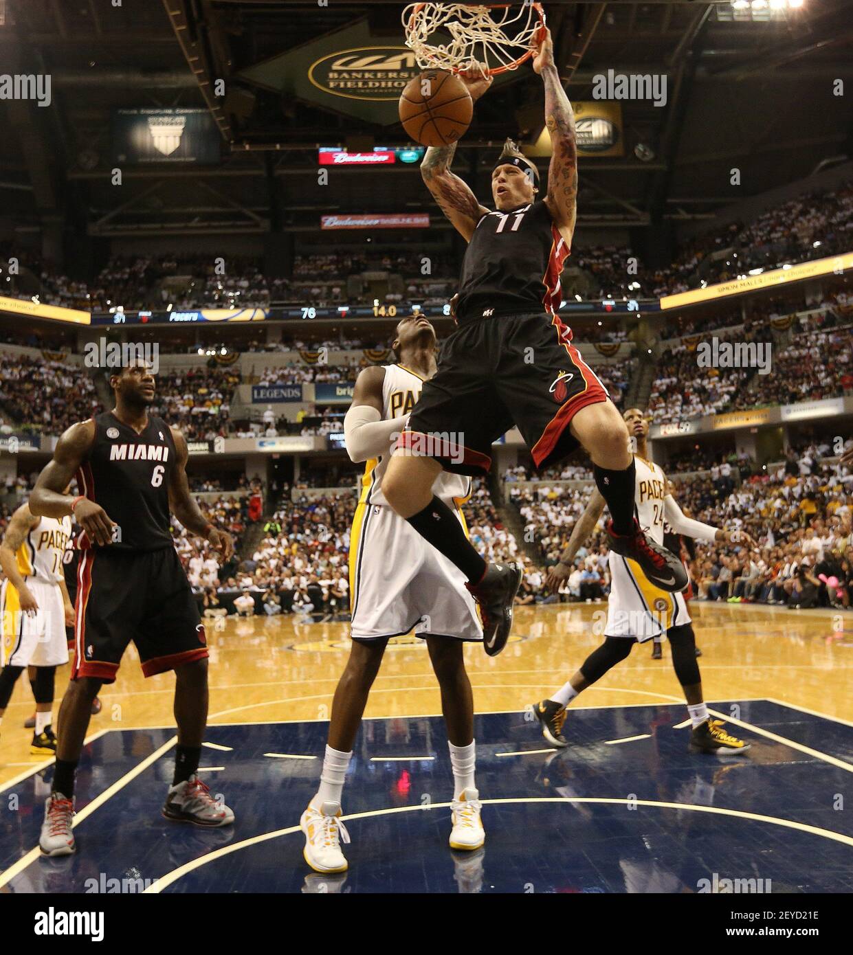 Chris Anderson of the Miami Heat dunks during the third quarter in Game 3  of the NBA Eastern Conference Finals, Sunday, May 26, 2013, at Bankers Life  Fieldhouse in Indianapolis, Indiana. (Photo