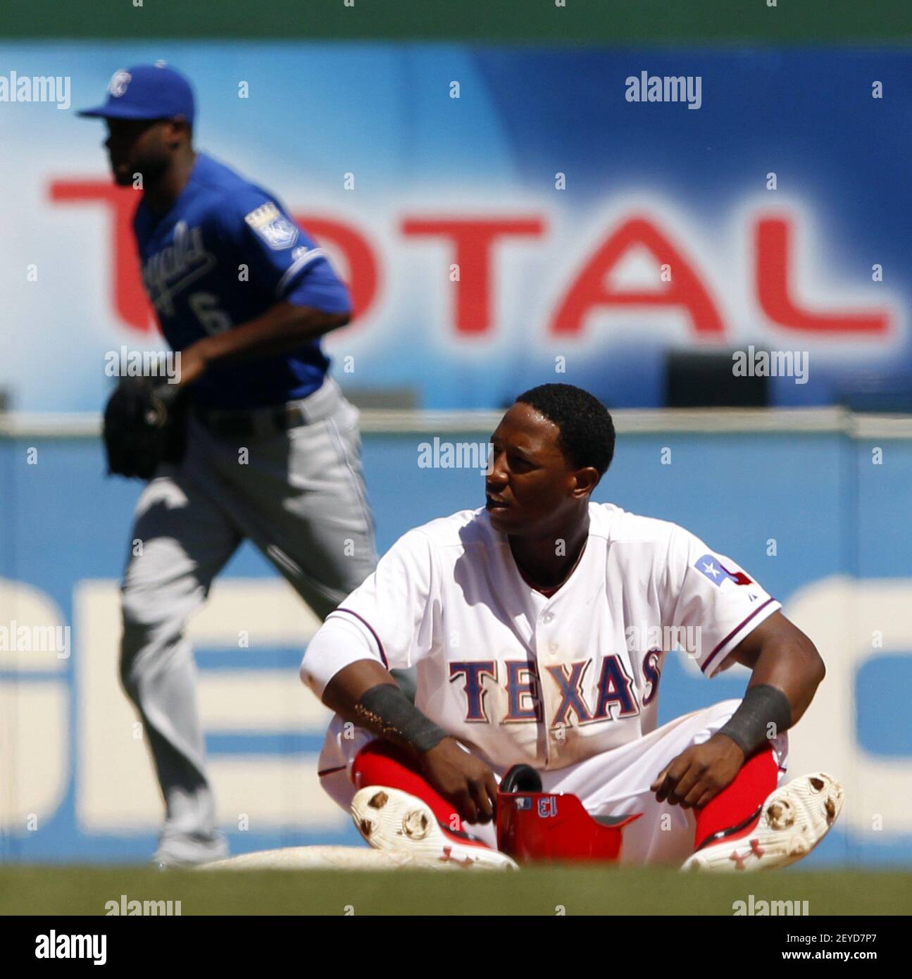 Texas Rangers' Jurickson Profar (13) strikes out against the