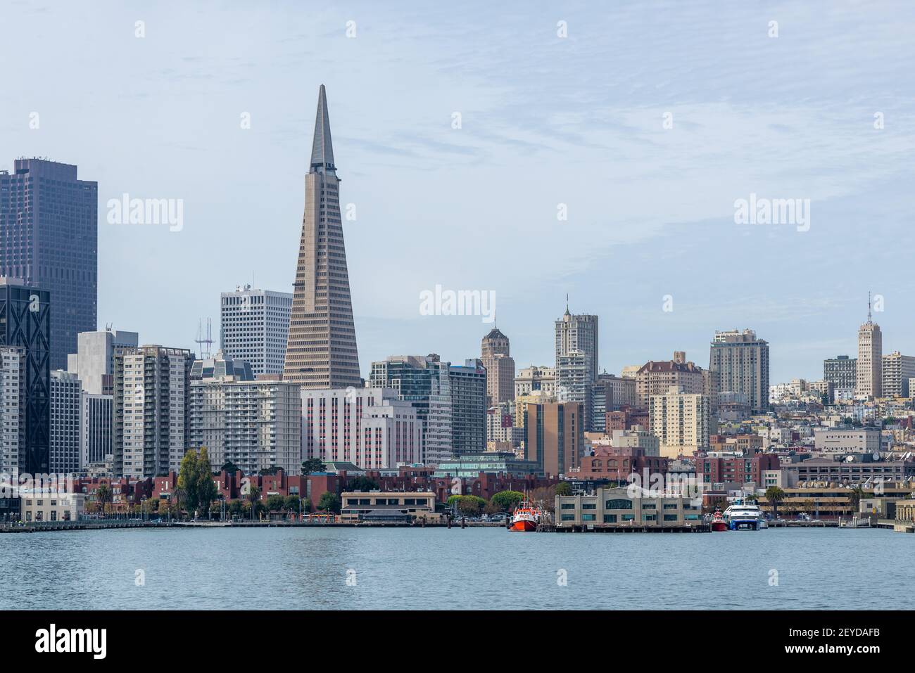 SAN FRANCISCO, USA - February 12, 2018: TransAmerica Pyramid San Francisco and Buildings in Downtown famous post card vintage colors - Image Stock Photo