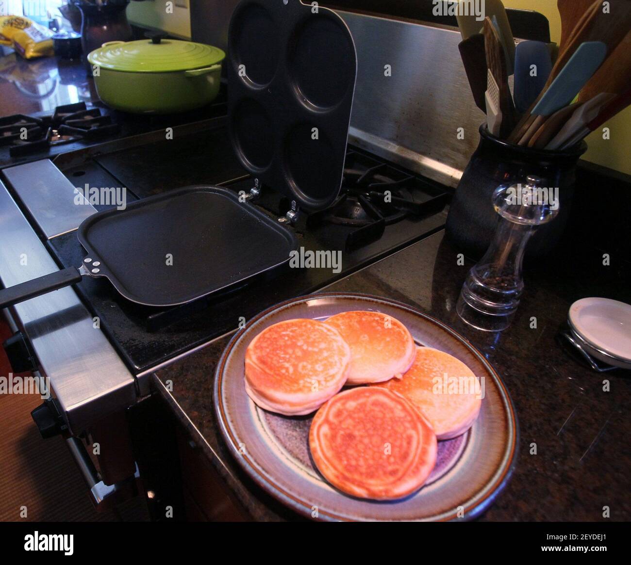 A plate of small pancakes from the Perfect Pancake Pan. The product claims  picture perfect pancakes every time! The Does it Work Panel says, It  depends. (Photo by Mike Cardew/Akron Beacon Journal/MCT/Sipa