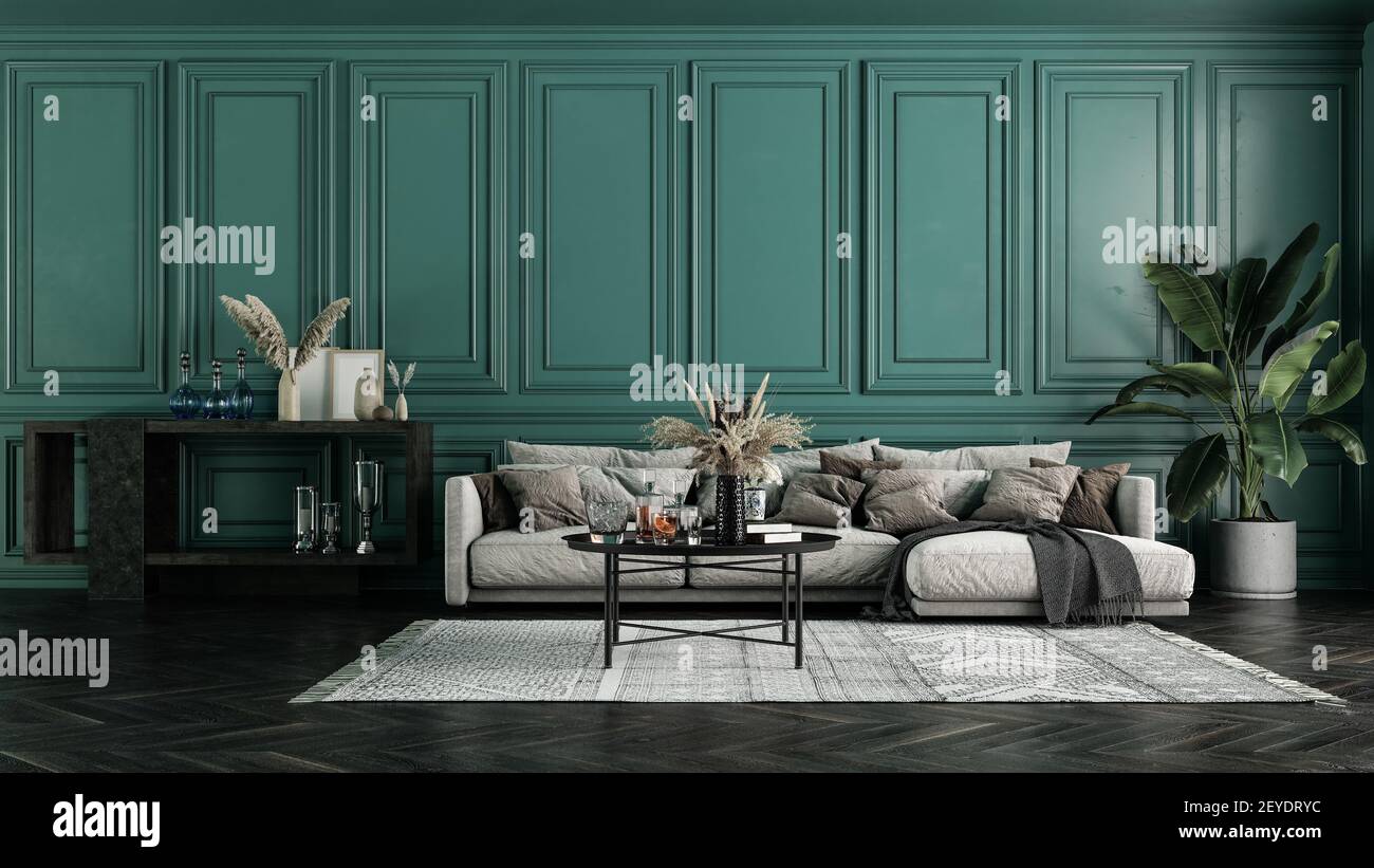 Modern interior design for home, office, interior details, upholstered  furniture on the background of a dark green classic wall Stock Photo - Alamy