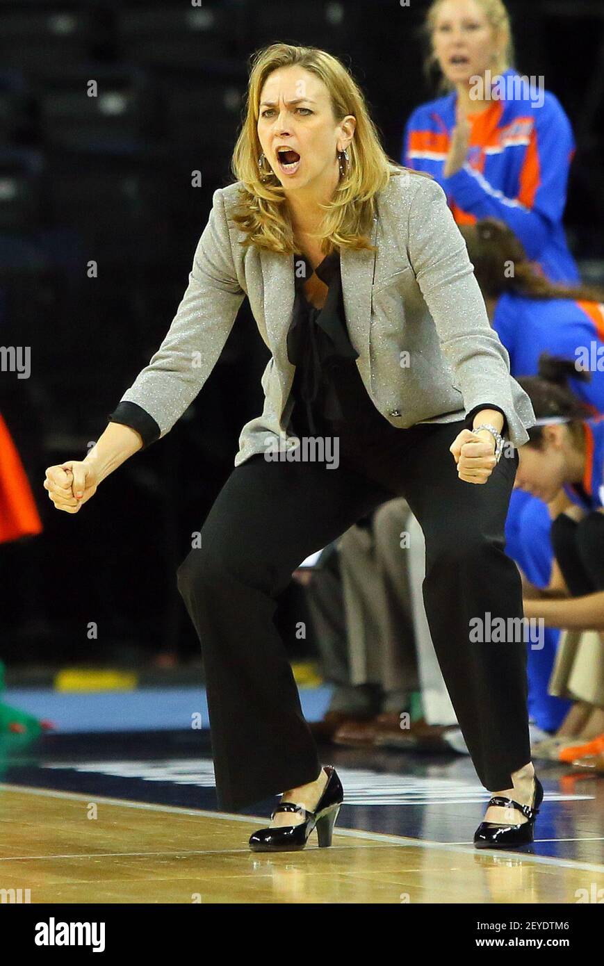 Florida head coach Amanda Butler urges her team on to a come from behind  64-59 victory over Arkansas during the second half of their SEC tournament  NCAA college basketball game on Thursday,