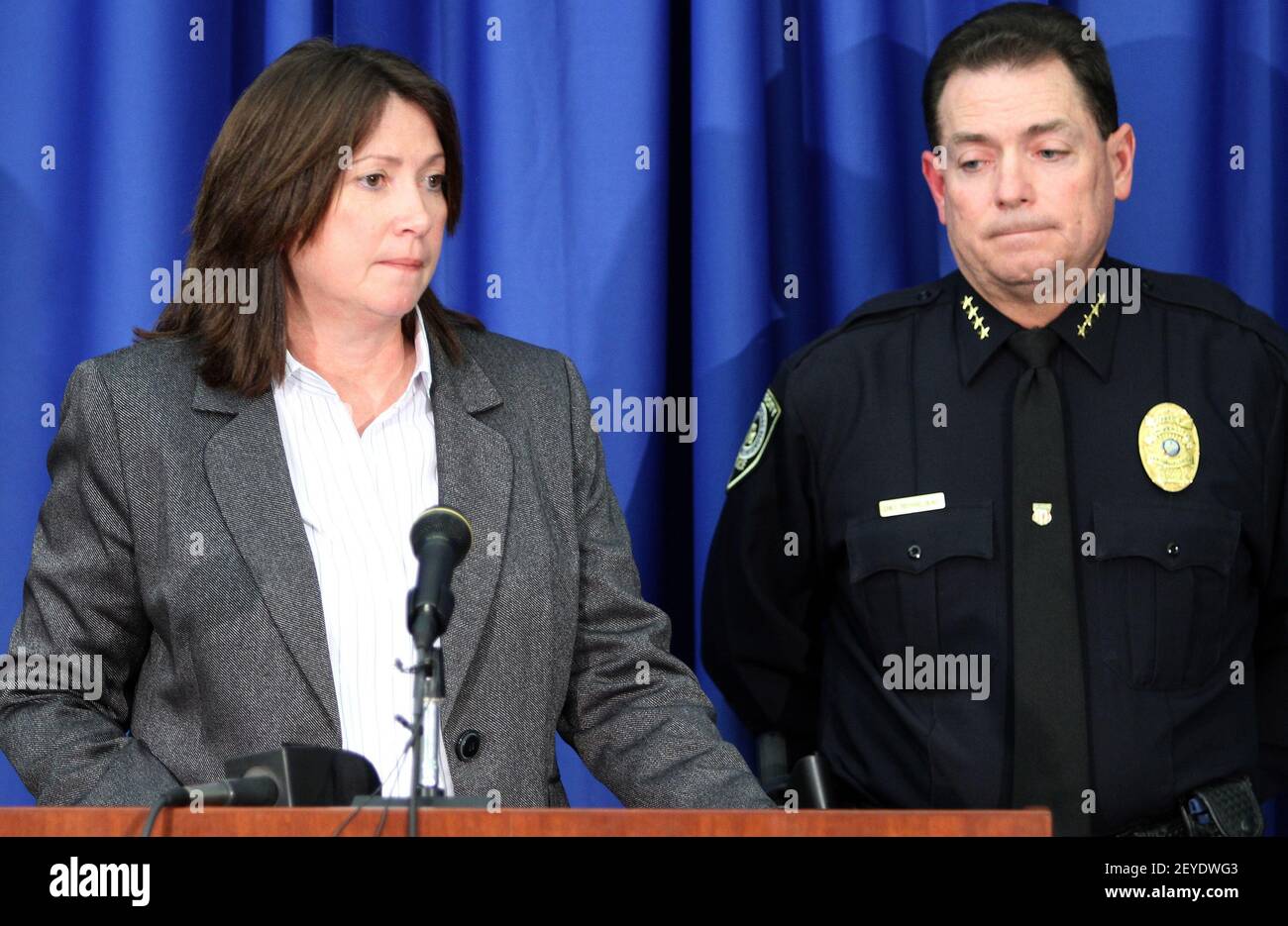 Julie Torres, from the Bureau of Alcohol, Tobacco, Firearms and Explosives,  left, and University of Central Florida Police Chief Richard Beary address  the media Monday, March 18, 2013, in Orlando, Florida, following