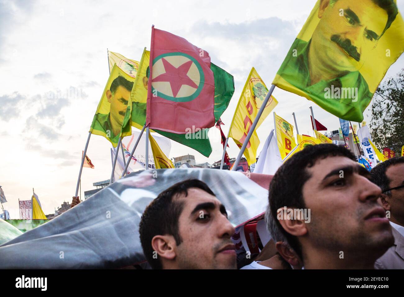On flags: Kurdish leader, Abdullah Ocalan. BDP on Taksim square ...