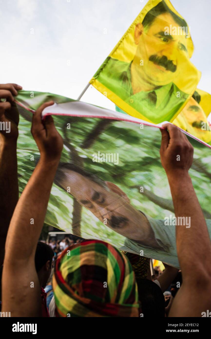 On flags: Kurdish leader, Abdullah Ocalan. BDP on Taksim square ...