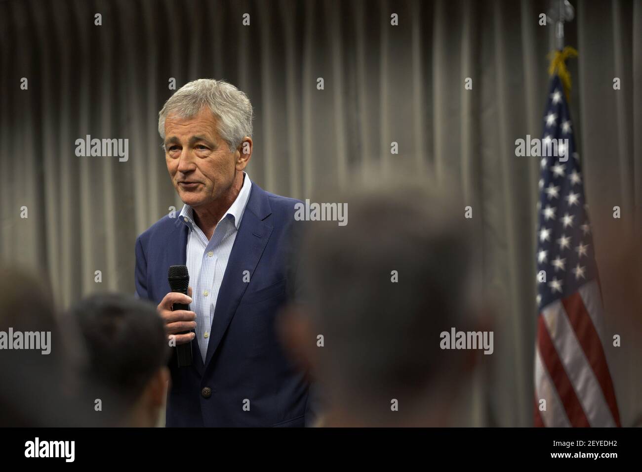 Secretary of Defense Chuck Hagel addresses troops and DoD civilian workers at USNORTHCOM, as he visits Colorado Springs, Col., June 27, 2013. (Photo by Glenn Fawcett/DoD/Sipa USA) Stock Photo