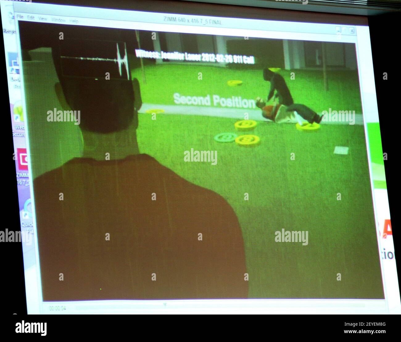 Animation provided by George Zimmerman's defense team is displayed during closing arguments in Zimmerman's trial in Seminole circuit court in Sanford, Florida, Friday, July 12, 2013. Zimmerman has been charged with second-degree murder for the 2012 shooting death of Trayvon Martin. (Photo by Pool photo by Joe Burbank/Orlando Sentinel/MCT/Sipa USA) Stock Photo