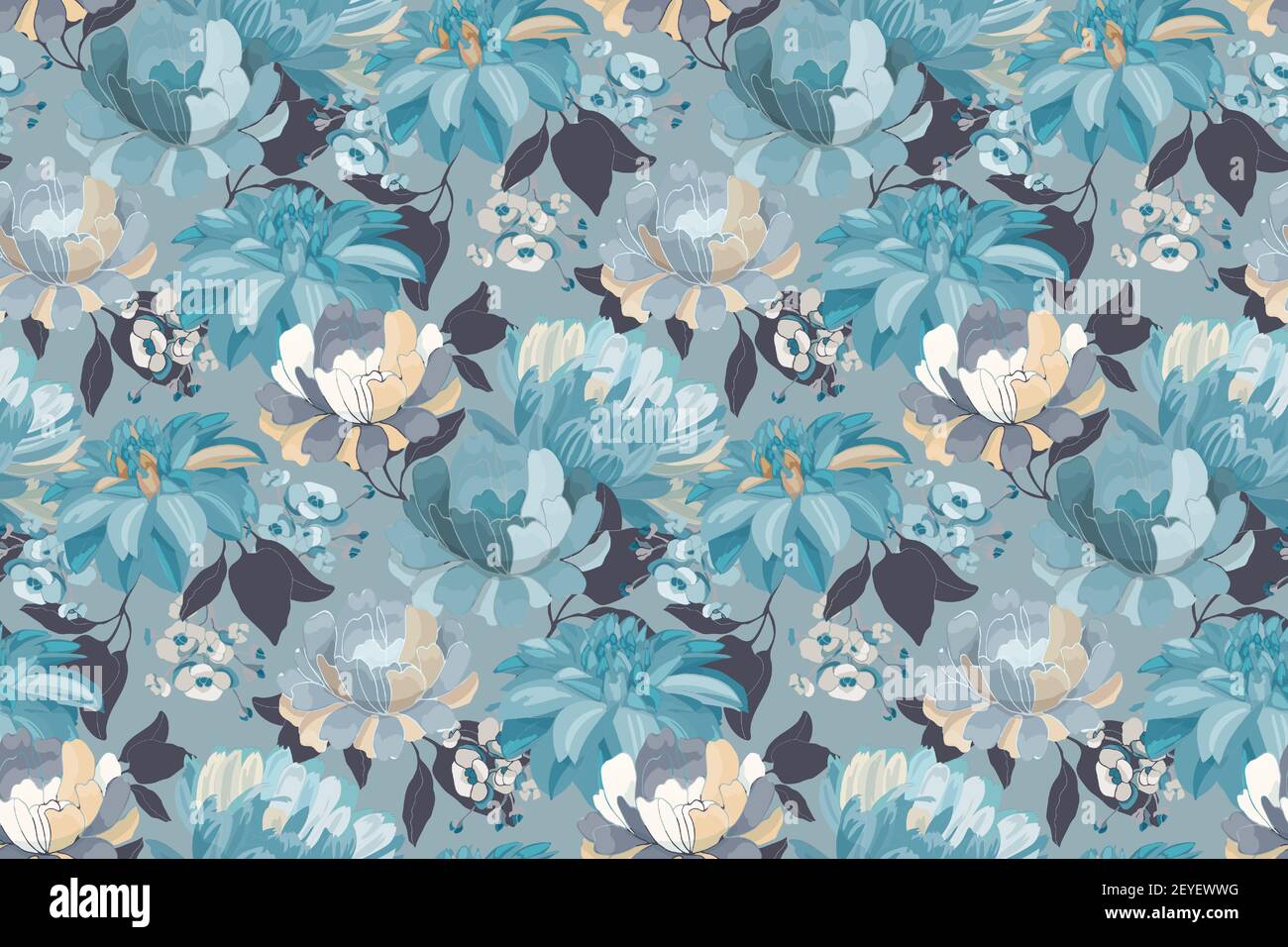 Art floral vector seamless pattern. Blue asters, dahlias, chrysanthemums, hydrangea. Stock Vector