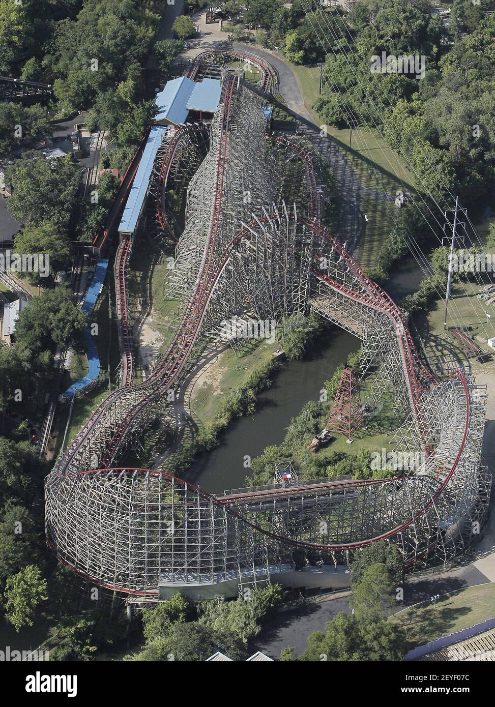 An aerial photo of the Texas Giant is shown, a day after a woman fell
