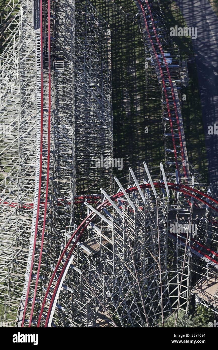 An aerial photo of the Texas Giant is shown, a day after a woman fell to her death from the roller coaster at Six Flags Over Texas in Arlington, Texas, Saturday, July 20, 2013. (Photo by Brandon Wade/Fort Worth Star-Telegram/MCT/Sipa USA) Stock Photo