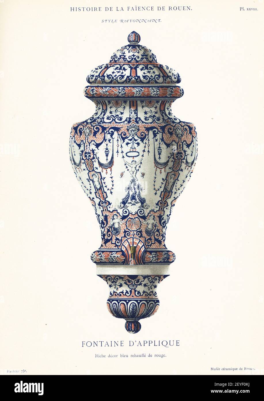Wall-mounted fountain, blue and red festoon style. Fontaine d'applique, style rayonnant. Chromolithograph after an illustration by Emilie Pottier from Andre Pottier's Histoire de la Faience de Rouen, Auguste le Brument, Rouen, 1870. Stock Photo