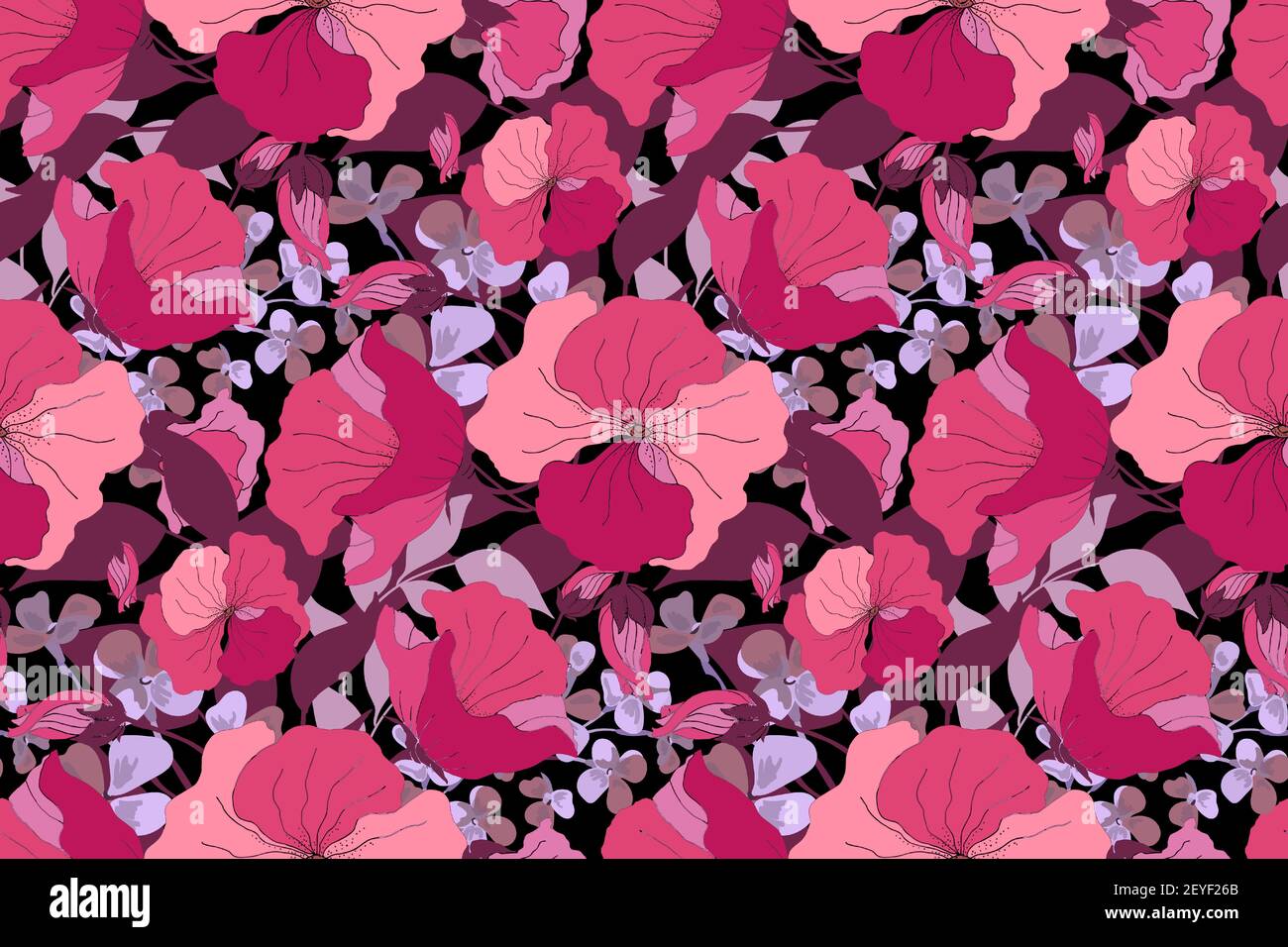 Vector floral seamless pattern. Floral bouquet. Pink, purple, violet, maroon vector flowers. Stock Vector