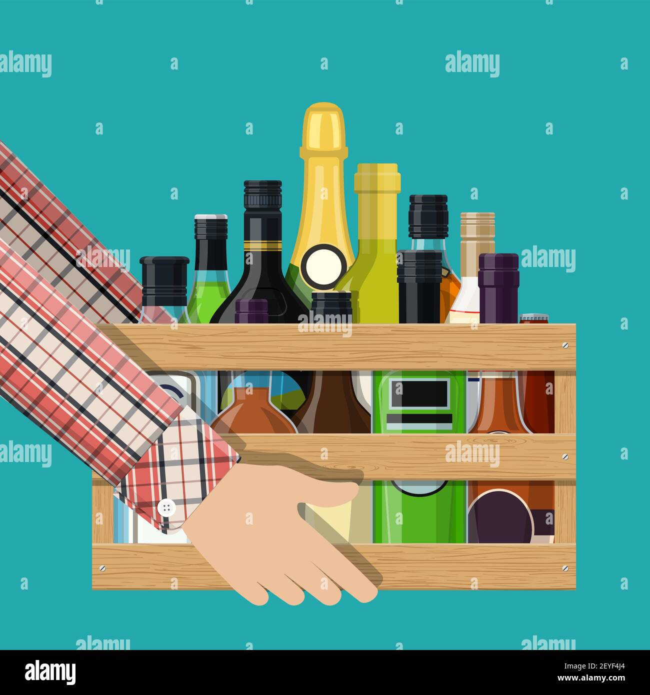 Alcohol drinks collection in box in hand. Stock Vector