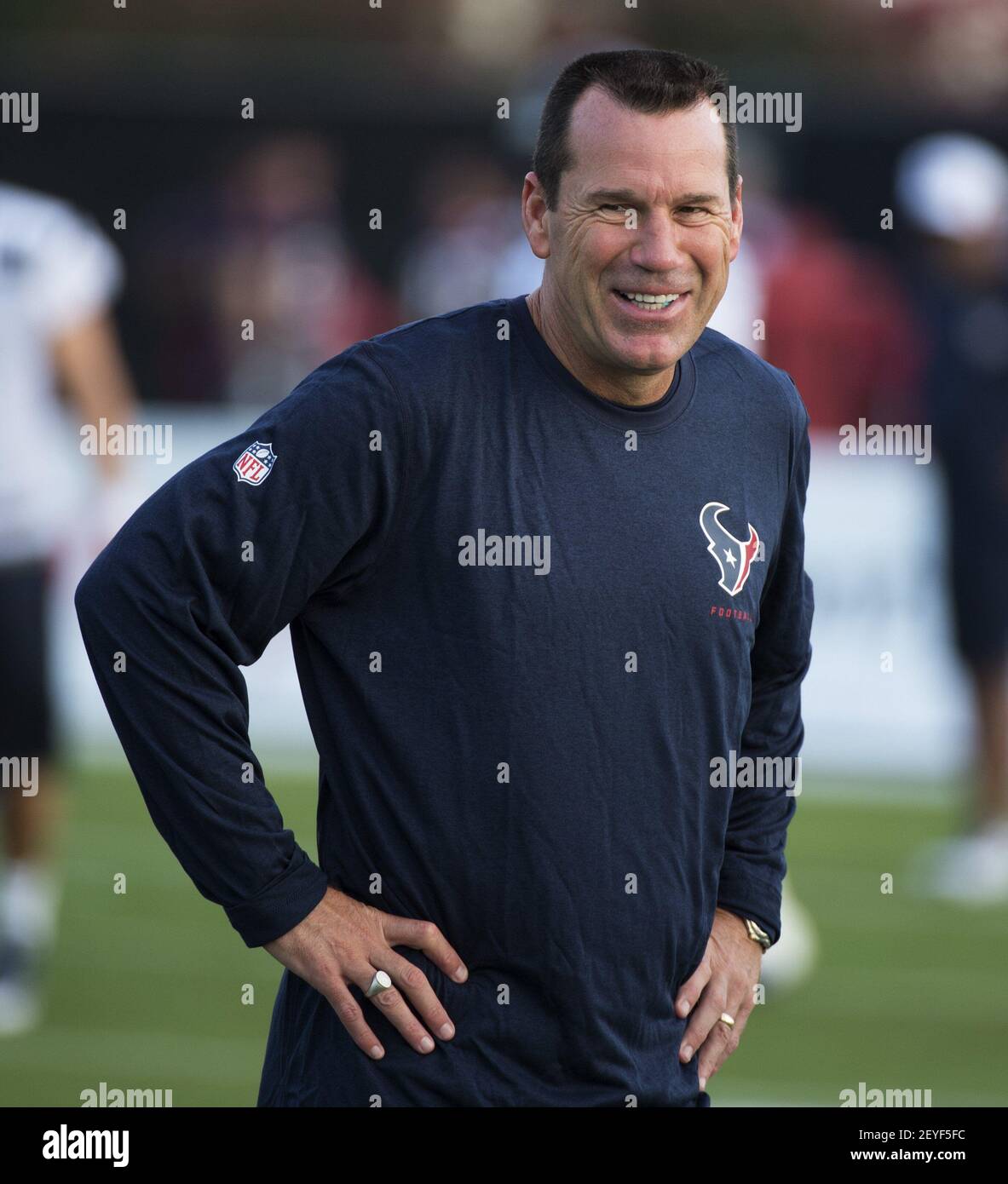 Head coach Gary Kubiak of the Houston Texans watches as his team runs  through the opening day of training camp on Friday, July 26, 2013, in  Houston, Texas. (Photo by George Bridges/MCT/Sipa