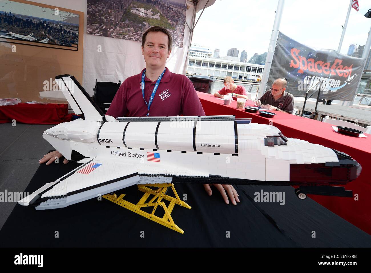 Ed Diment, Lego "Master Builder" poses with his 1/40th scale Lego model  replica of the Space Shuttle Enterprise at the 2nd Annual "Spacefest" held  at the Intrepid Sea, Air and Space Museum