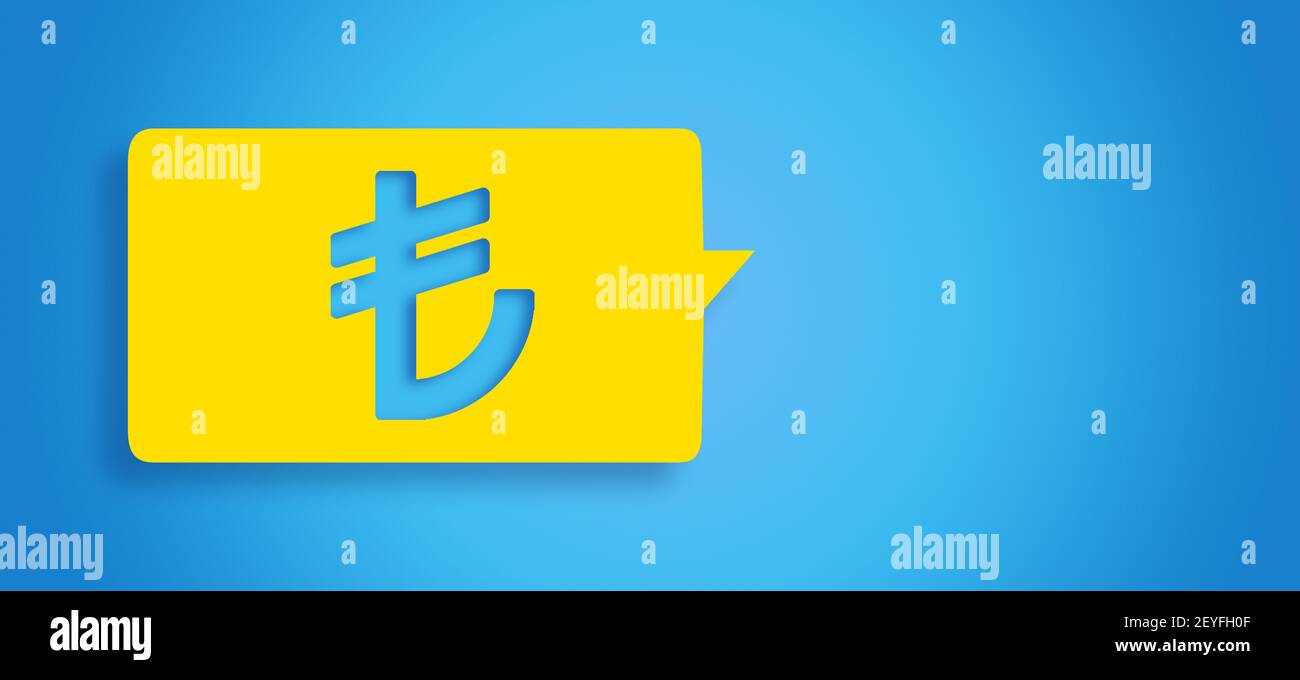 3D rendered message in chat bubble concept: Isolated yellow bubble on blue background with copy space. Turkish money symbol. Global currency TL icon. Stock Photo