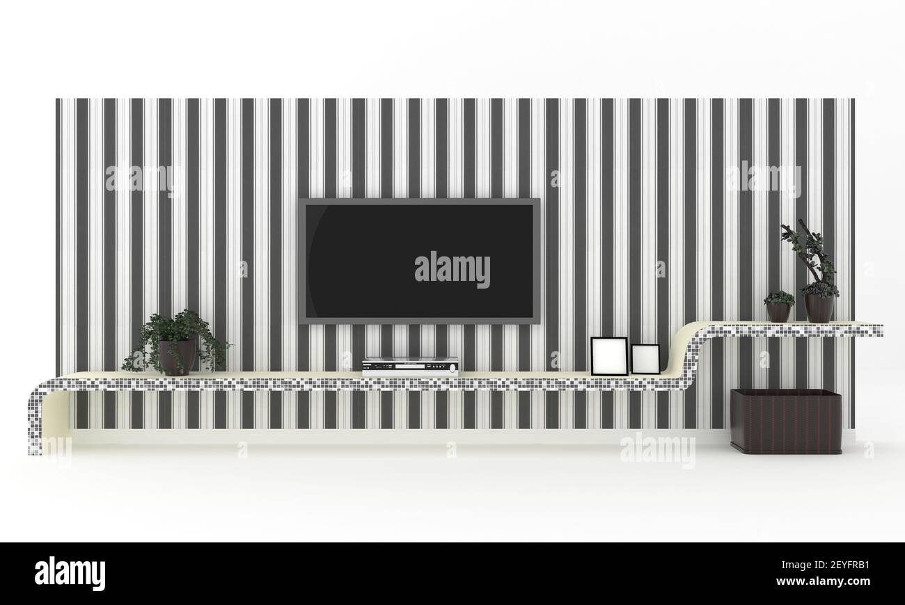 A 3D rendering of the modernized home entertainment center Stock Photo