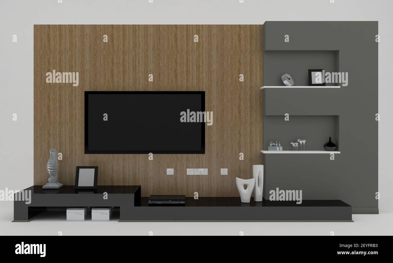A 3D rendering of the modernized home entertainment center Stock Photo