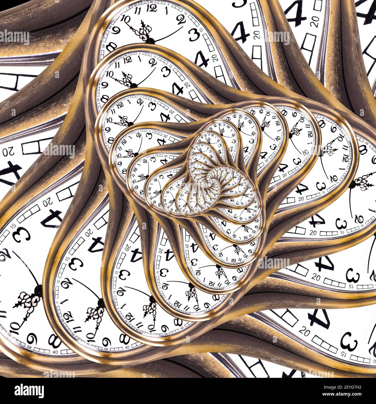 Abstract droste effect background. Time spiral concept. Swirled bronze watch face. Stock Photo