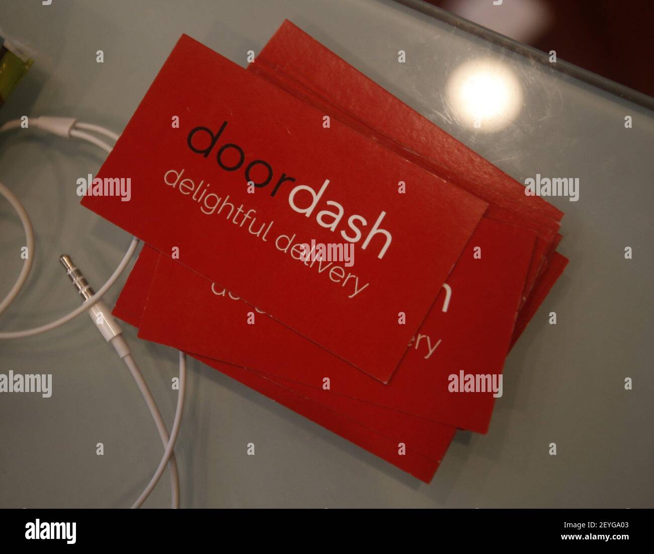 DoorDash business cards sit on display, August 21, 2013, in Palo Alto