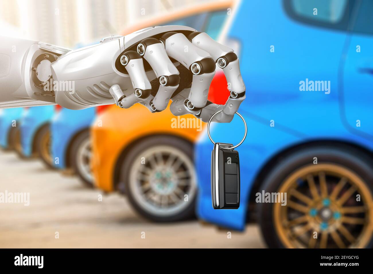 3d rendering  robot hold car key or car remote control Stock Photo