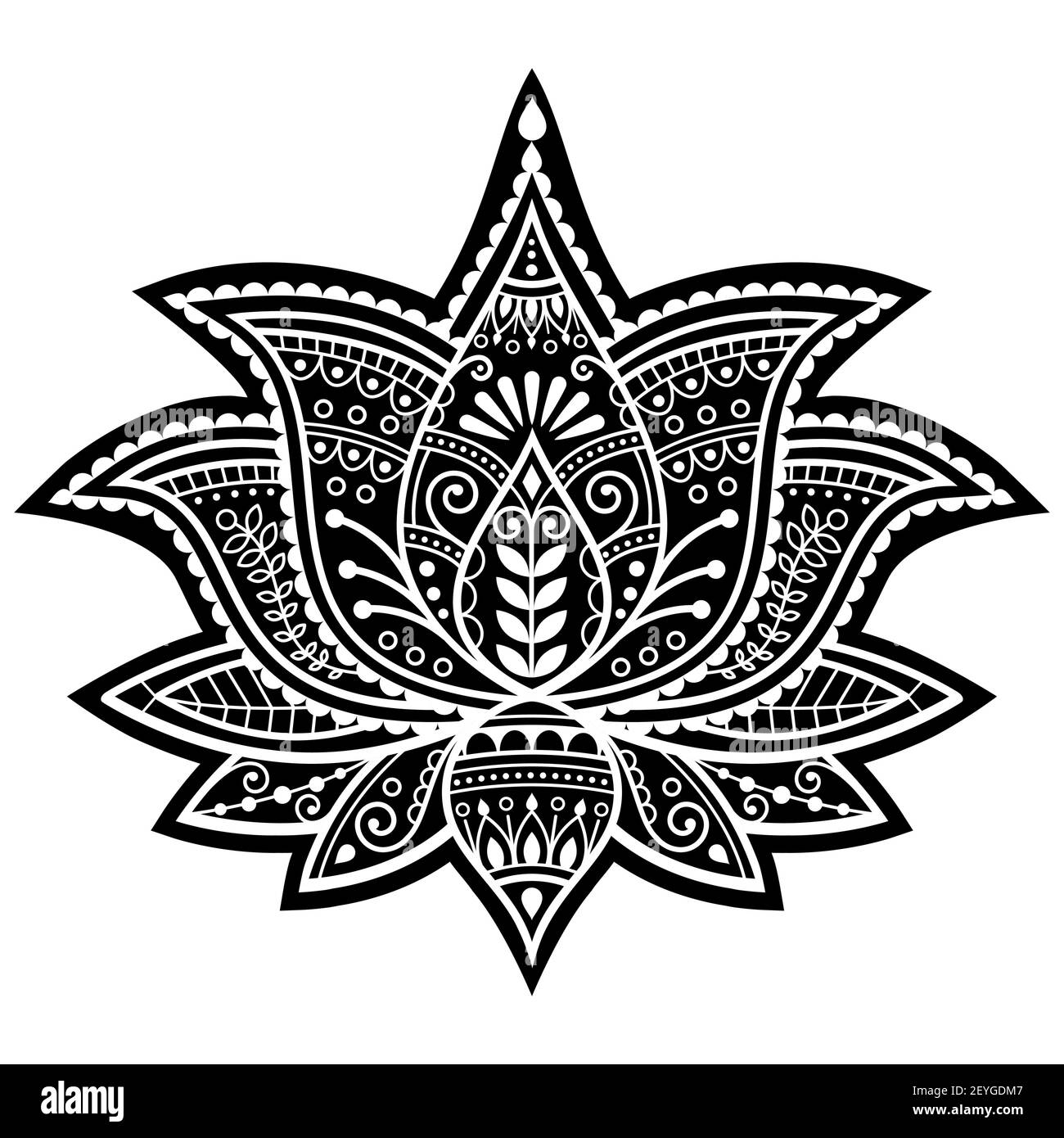 Indian Yoga lotus flower vector design, Mehndi henna tattoo art or pattern, zen detailed bohemian greeting card Stock Vector