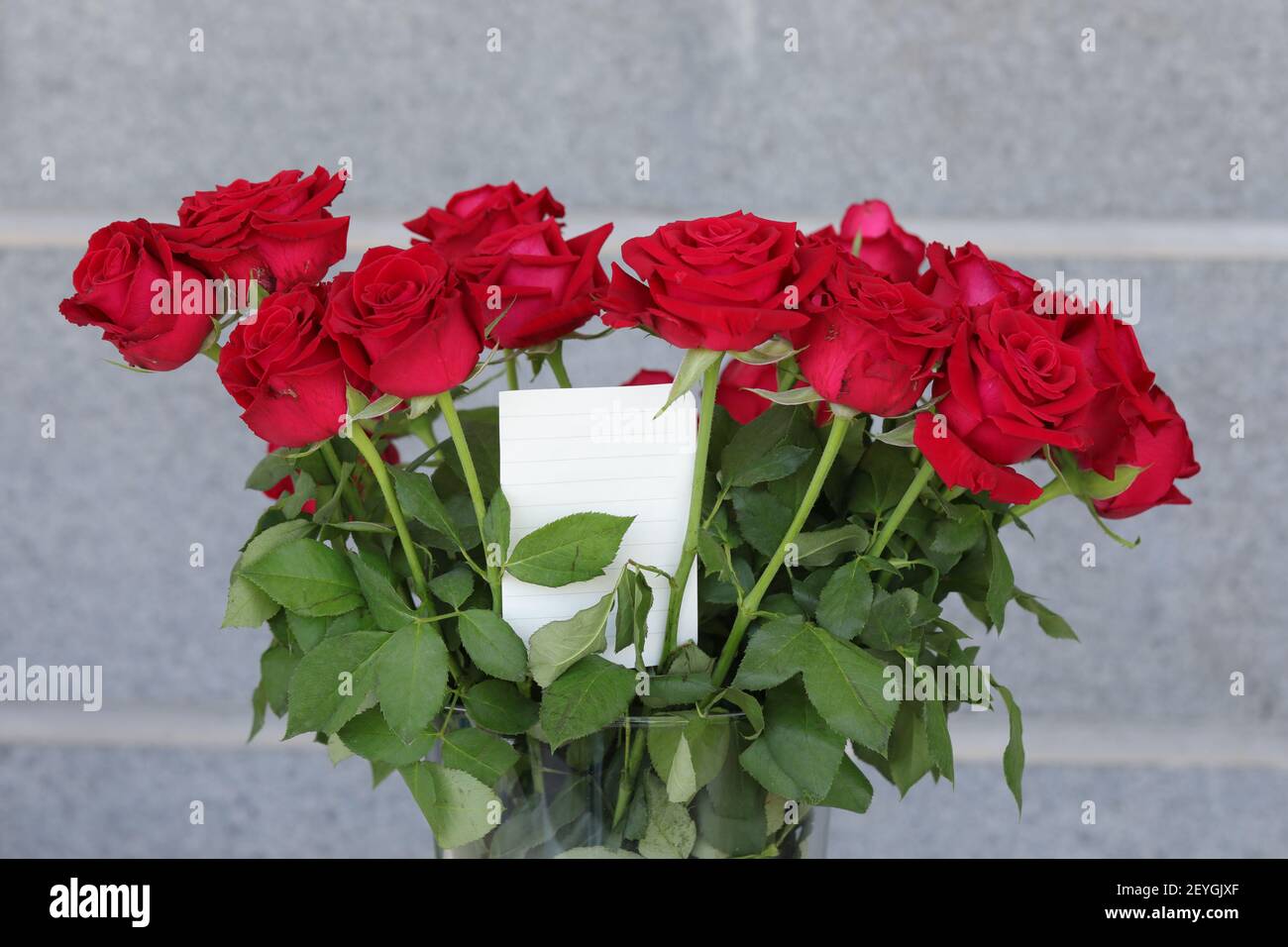 Bouquet of red roses in a vase and a white note for writing a greeting. Stock Photo
