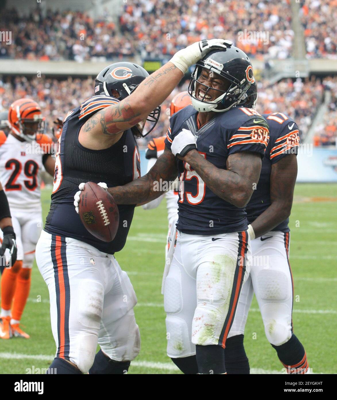 Chicago Bears wide receiver Brandon Marshall (15) celebrates his touchdown  against the Cincinnati Bengals during the fourth quarter of their game at  Soldier Field in Chicago, Illinois, on Sunday, September 8, 2013. (