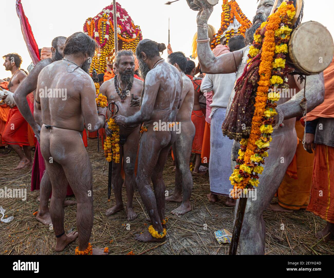 naga baba at kumbh mela during the royal bath at ganges ghat. Stock Photo