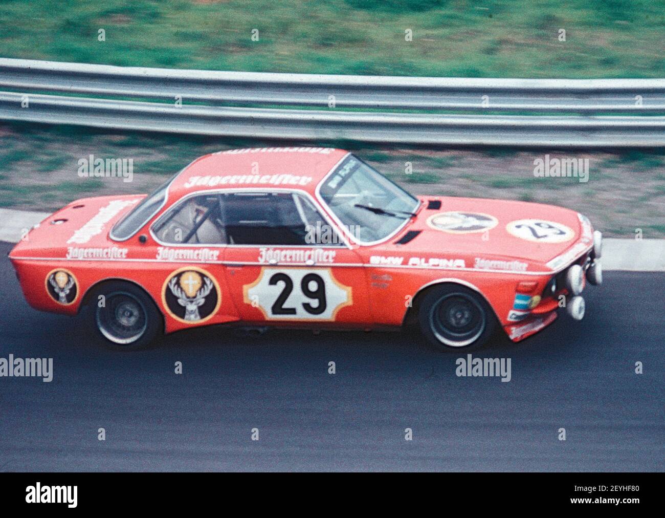An Alpina BMW 3.0 CSL at a Touring Car race at the Nuerburgring Nordschleife in the 1970s, Eifel Germany Stock Photo