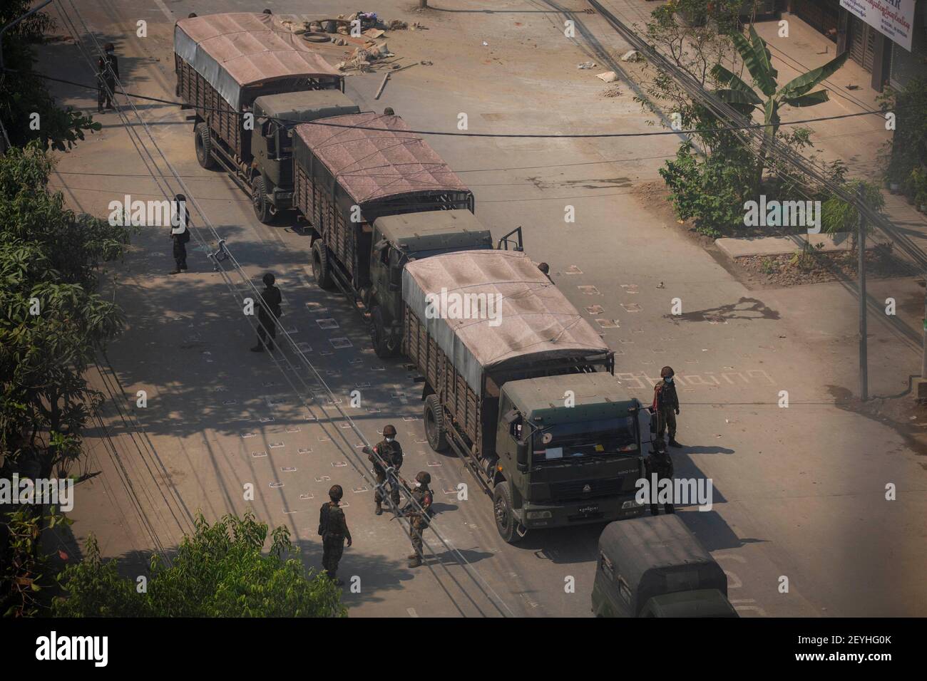 Yangon Myanmar 06th Mar 21 Myanmar Military With Military Trucks Are Seen During A Demonstration Against The Military Coup Myanmar Police Attacked Protesters With Rubber Bullets Live Ammunition Tear Gas And Stun Bombs