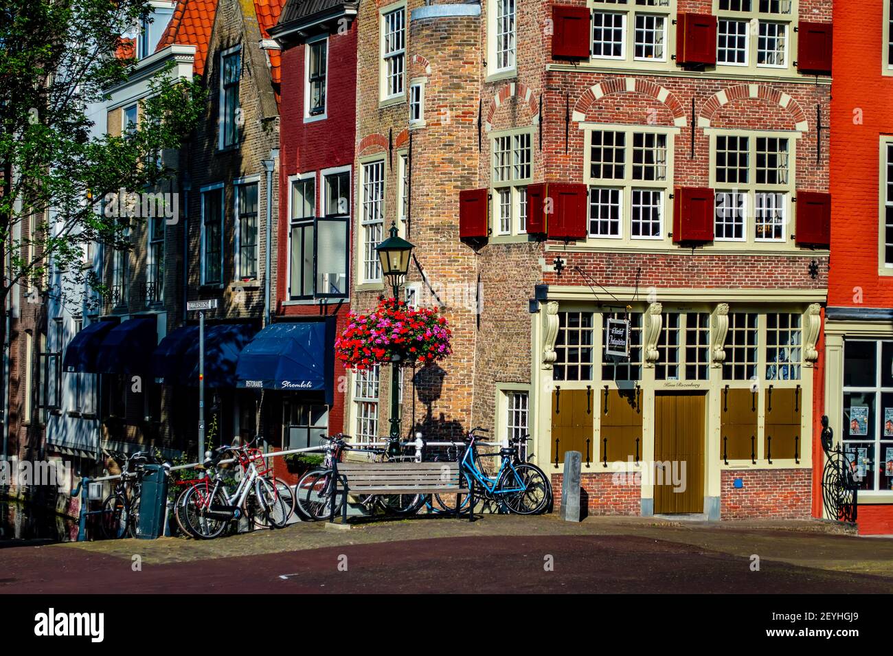 Delft, Netherlands - July 11, 2019: Typical Dutch architecture in the town of Delft, the Netherlands Stock Photo