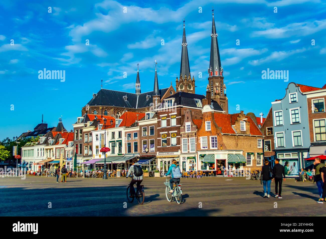 Delft, Netherlands - July 11, 2019: People and cyclists on the Markt square ('Market square') of the town of Delft in the Netherlands Stock Photo