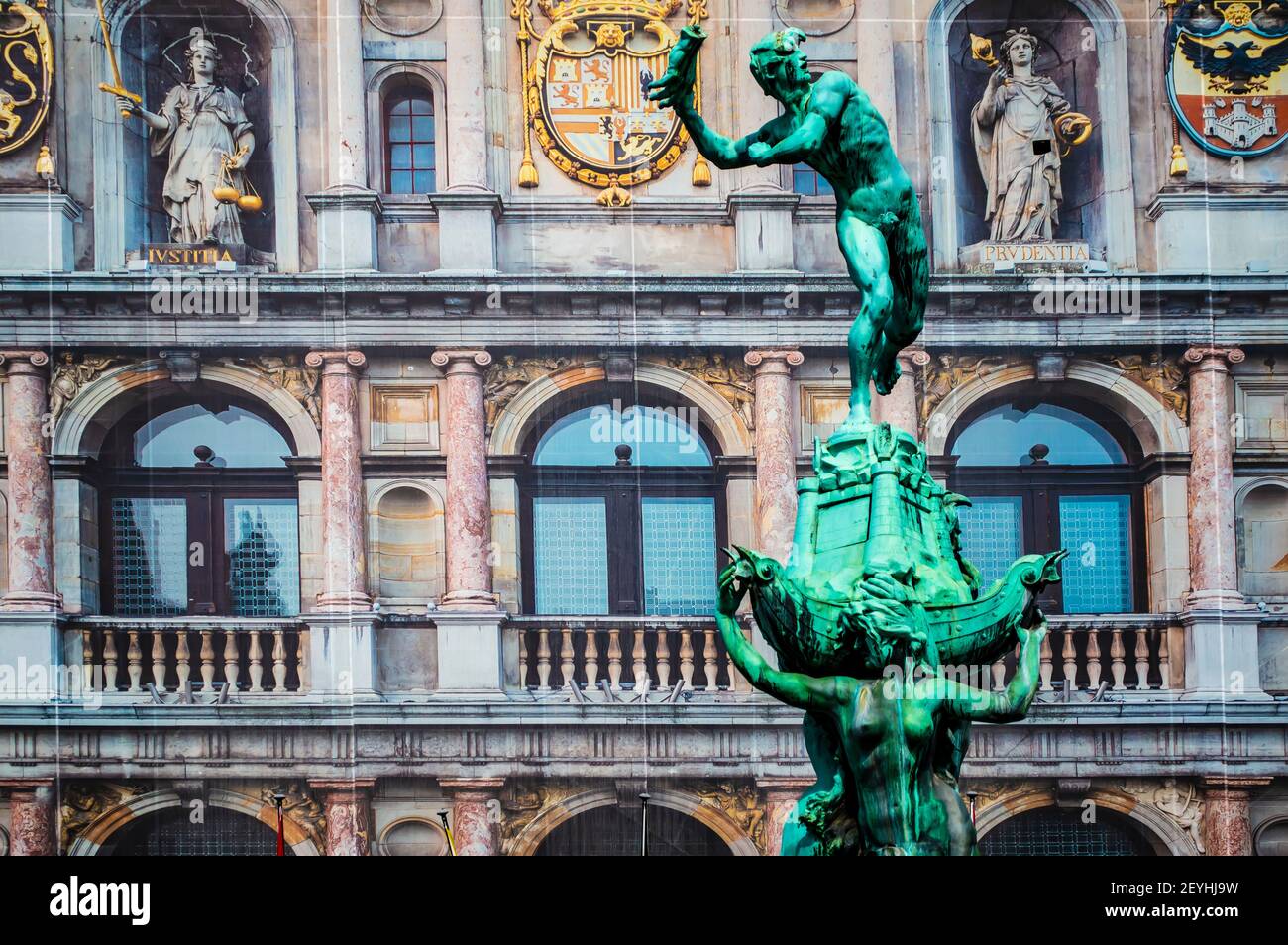 Antwerp, Belgium - July 12, 2019: Closeup photo of Brabo fountain in Antwerp, Belgium Stock Photo