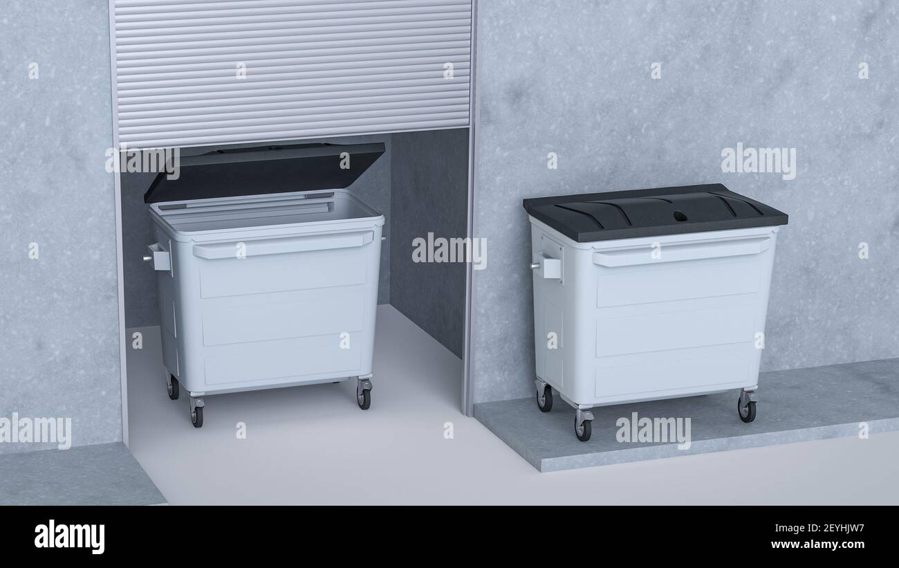Top view of two 4 wheeled recycling garbage containers beside the building dumpsite and with a close and open black cover. Stock Photo