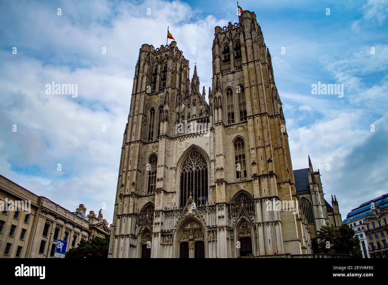 Brussels, Belgium - July 13, 2019: Facade of the Cathedral of Saint Michael and Saint Gudula in Brussels, Belgium Stock Photo
