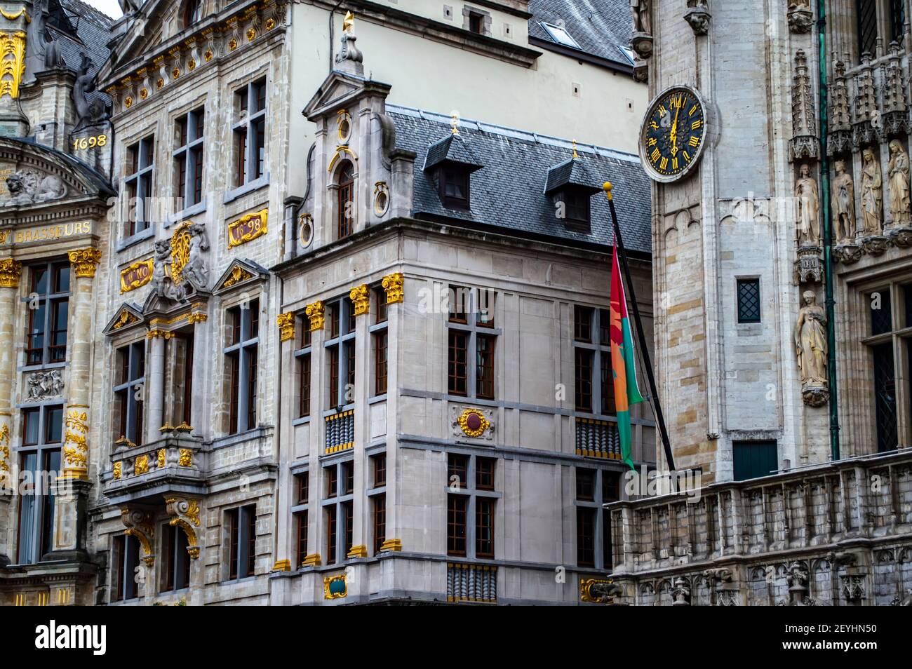 Brussels, Belgium - July 13, 2019: Architecture details of building located around the Grand Place square of Brussels, Belgium Stock Photo