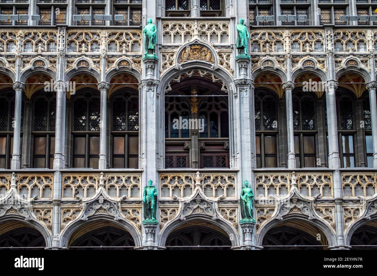 Brussels, Belgium - July 13, 2019: Gothic architecture details of buildings on the Grand Place square of Brussels, Belgium Stock Photo