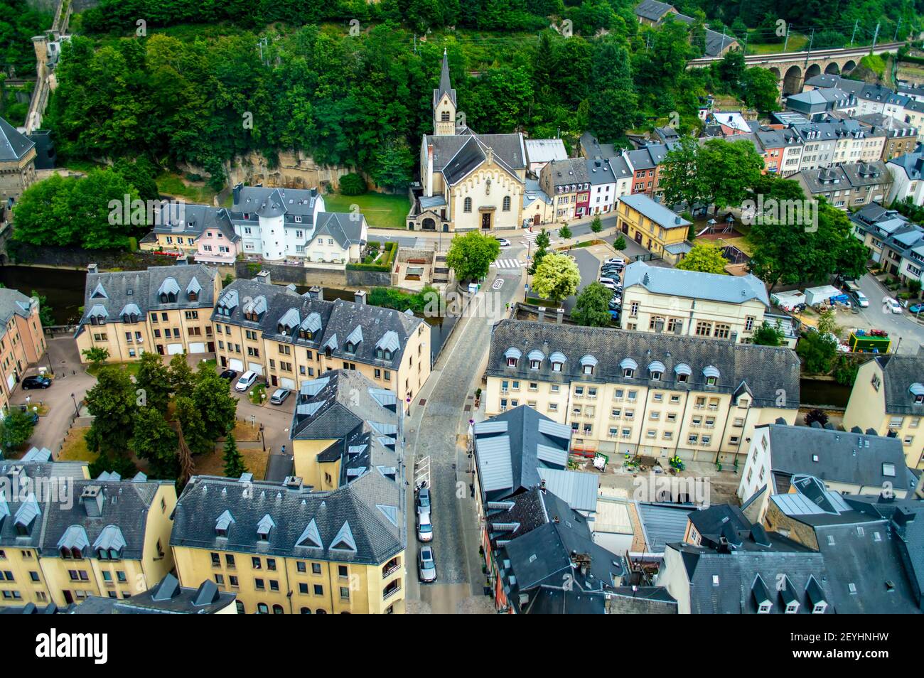Luxembourg city, Luxembourg - July 15, 2019: Aerial view of houses with grey roofs in the Old Town of Luxembourg city Stock Photo